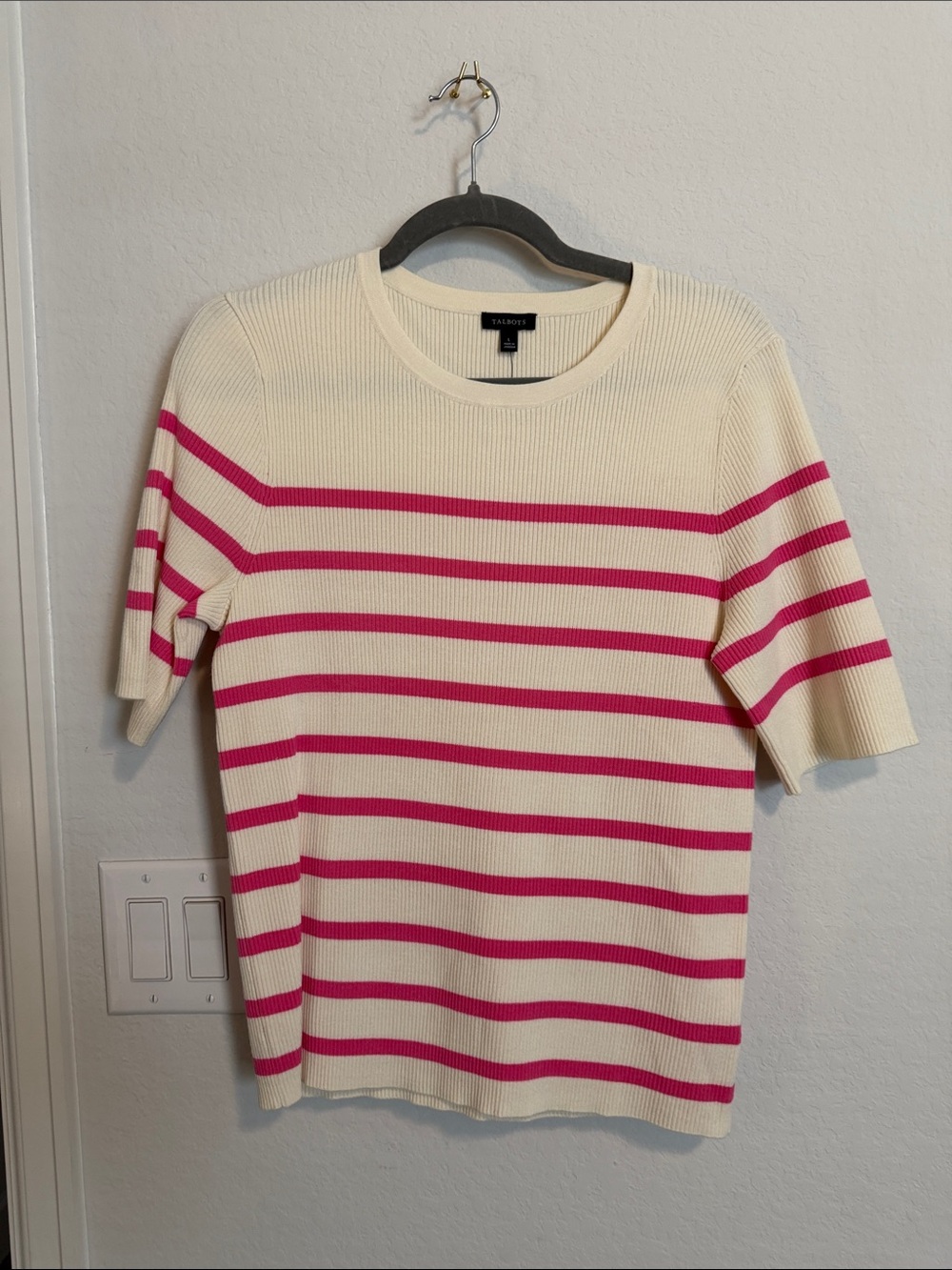 Talbots Cream & Hot Pink Striped Crewneck Sweater